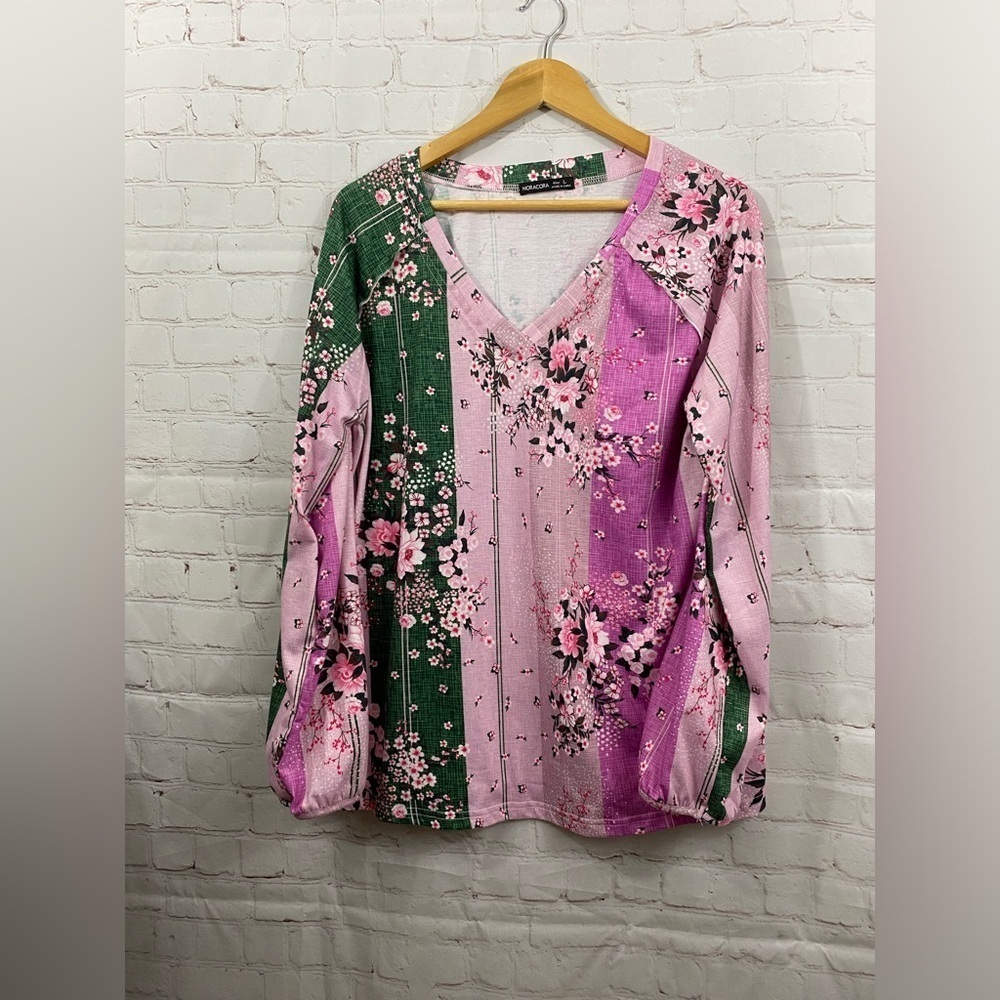 Noracora Jersey Top Womens Size Large Long Sleeve Pink Floral Print Stretchy